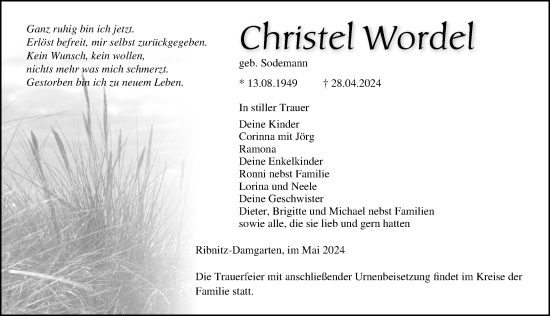 Traueranzeige von Christel Wordel von Ostsee-Zeitung GmbH