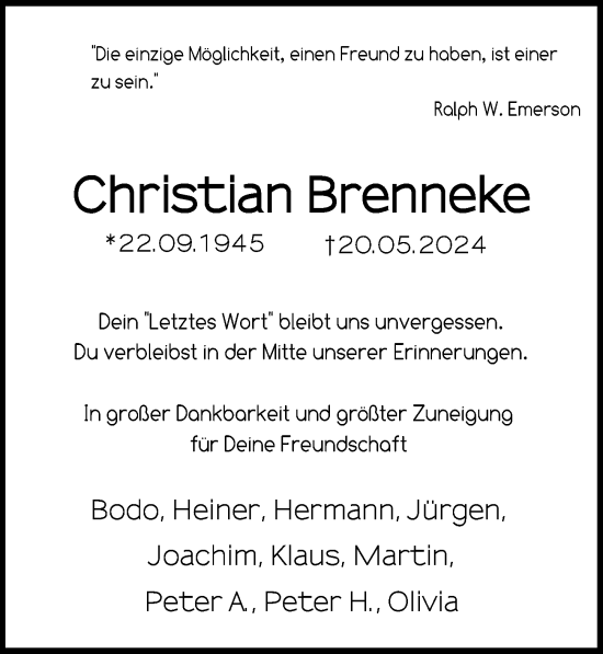 Traueranzeige von Christian Brenneke von Lübecker Nachrichten