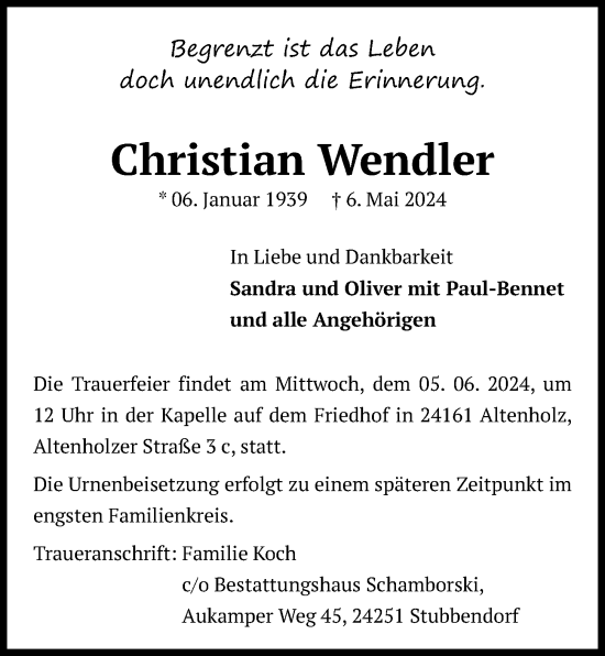 Traueranzeige von Christian Wendler von Kieler Nachrichten