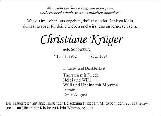 Traueranzeige von Christiane Krüger von Lübecker Nachrichten