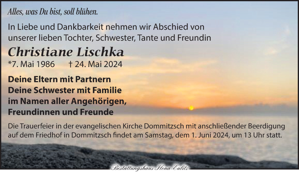  Traueranzeige für Christiane Lischka vom 30.05.2024 aus Torgauer Zeitung