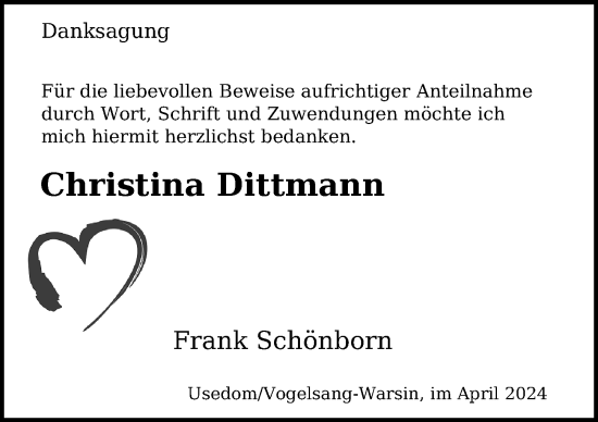 Traueranzeige von Christina Dittmann von Ostsee-Zeitung GmbH