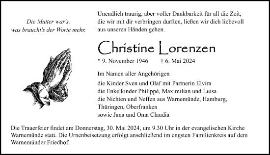 Traueranzeige von Christine Lorenzen von Ostsee-Zeitung GmbH