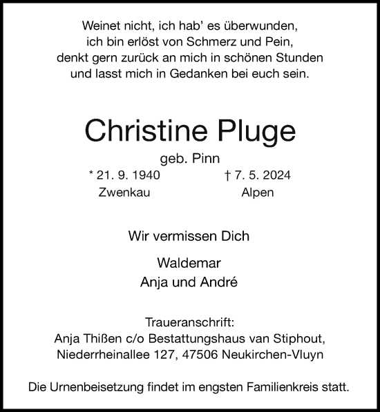 Traueranzeige von Christine Pluge von Leipziger Volkszeitung
