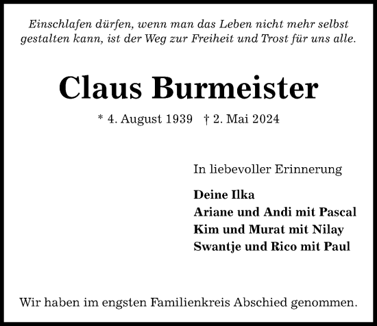Traueranzeige von Claus Burmeister von Kieler Nachrichten