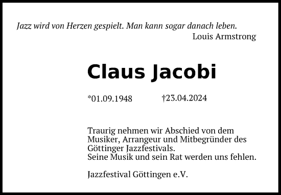 Traueranzeige von Claus Jacobi von Göttinger Tageblatt
