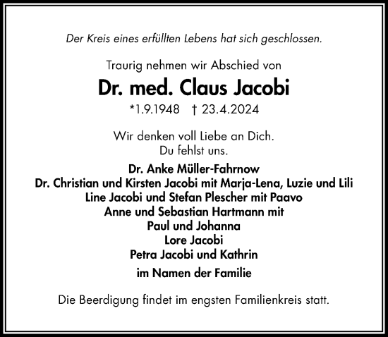 Traueranzeige von Claus Jacobi von Göttinger Tageblatt
