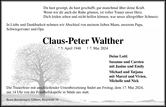 Traueranzeige von Claus-Peter Walther von Aller Zeitung