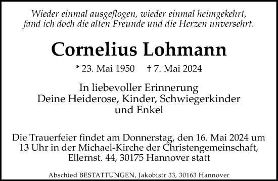 Traueranzeige von Cornelius Lohmann von Hannoversche Allgemeine Zeitung/Neue Presse