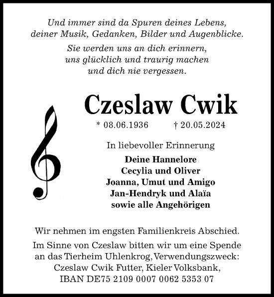 Traueranzeige von Czeslaw Cwik von Kieler Nachrichten