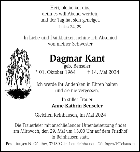 Traueranzeige von Dagmar Kant von Göttinger Tageblatt