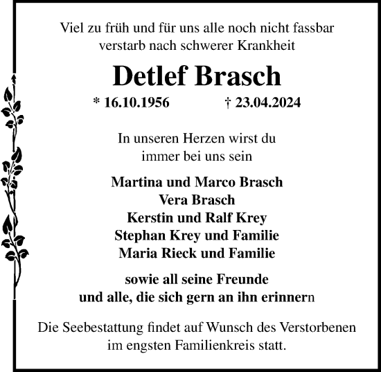 Traueranzeige von Detlef Brasch von Ostsee-Zeitung GmbH