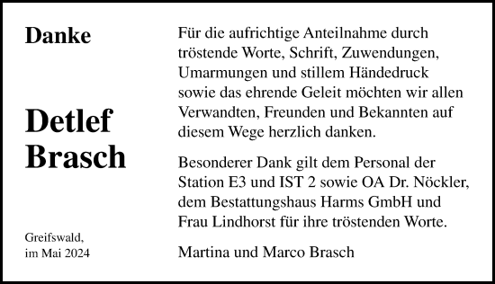 Traueranzeige von Detlef Brasch von Ostsee-Zeitung GmbH