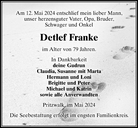 Traueranzeige von Detlef Franke von Wochenspiegel