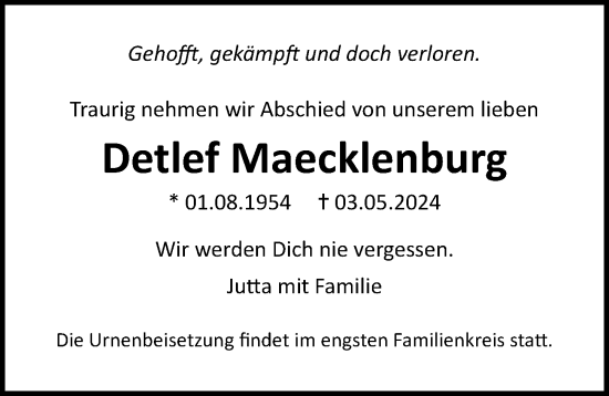 Traueranzeige von Detlef Maecklenburg von Ostsee-Zeitung GmbH