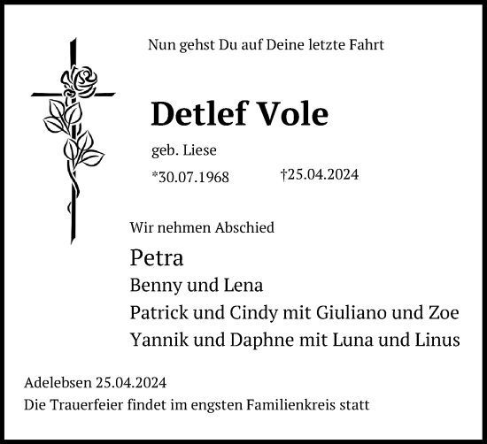 Traueranzeige von Detlef Vole von Göttinger Tageblatt