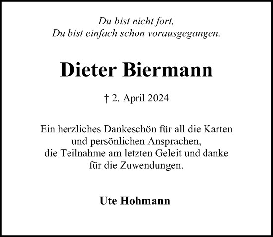 Traueranzeige von Dieter Biermann von Hannoversche Allgemeine Zeitung/Neue Presse
