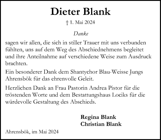 Traueranzeige von Dieter Blank von Lübecker Nachrichten