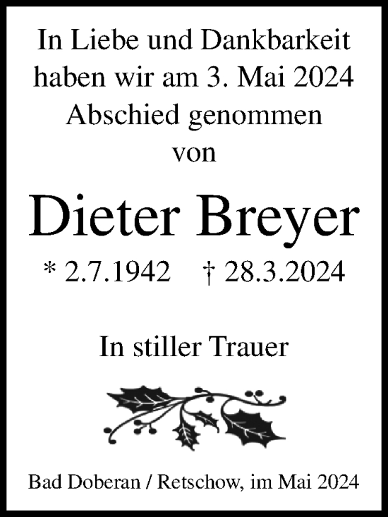 Traueranzeige von Dieter Breyer von Ostsee-Zeitung GmbH