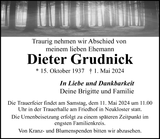 Traueranzeige von Dieter Grudnick von Ostsee-Zeitung GmbH