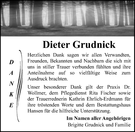 Traueranzeige von Dieter Grudnick von Ostsee-Zeitung GmbH