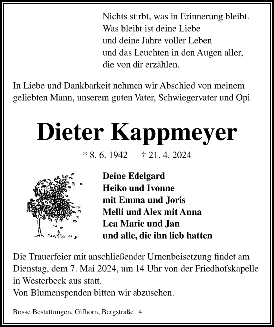 Traueranzeige von Dieter Kappmeyer von Aller Zeitung
