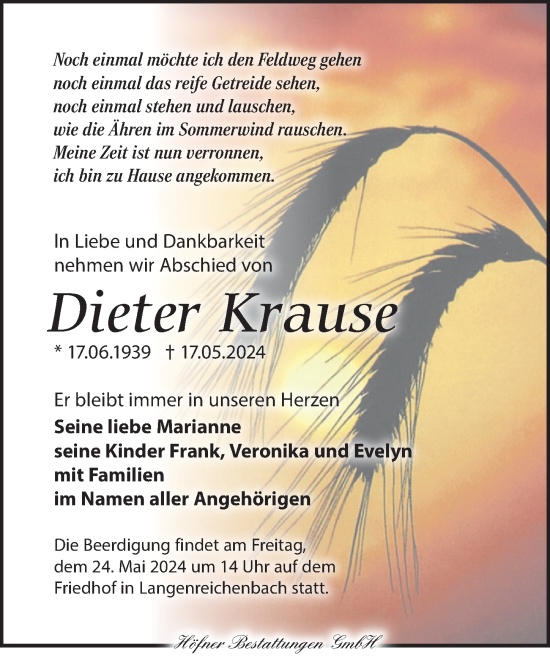 Traueranzeige von Dieter Krause von Torgauer Zeitung