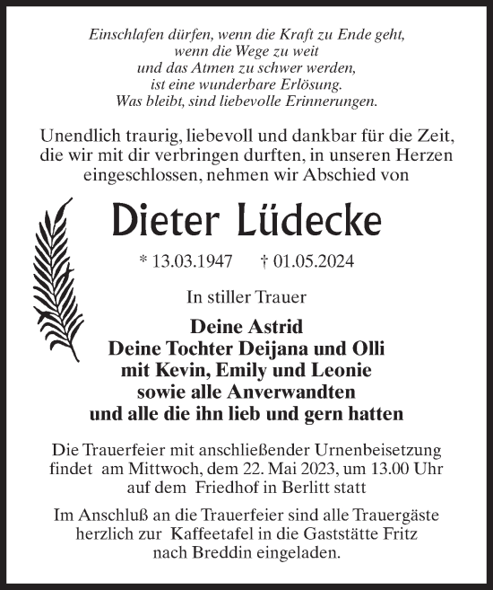 Traueranzeige von Dieter Lüdecke von Wochenspiegel