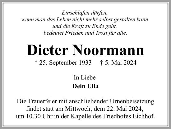 Traueranzeige von Dieter Noormann von Kieler Nachrichten