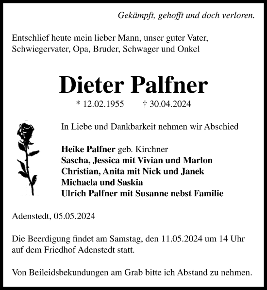 Traueranzeige von Dieter Palfner von Peiner Allgemeine Zeitung