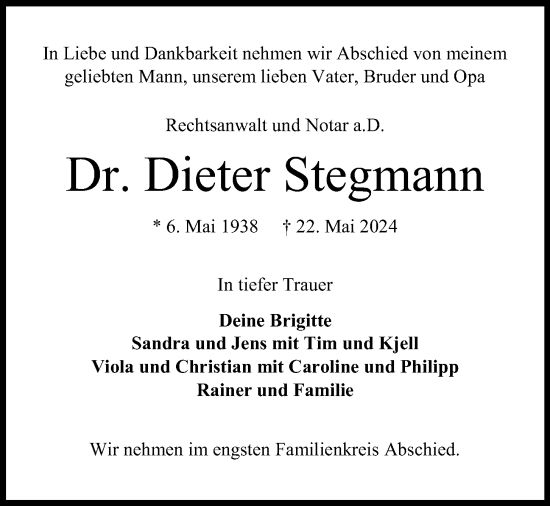 Traueranzeige von Dieter Stegmann von Kieler Nachrichten