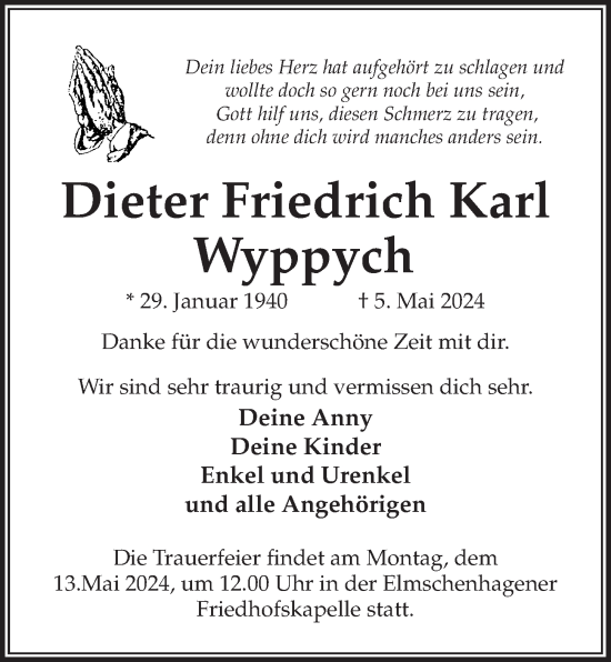 Traueranzeige von Dieter Friedrich Karl Wyppych von Kieler Nachrichten