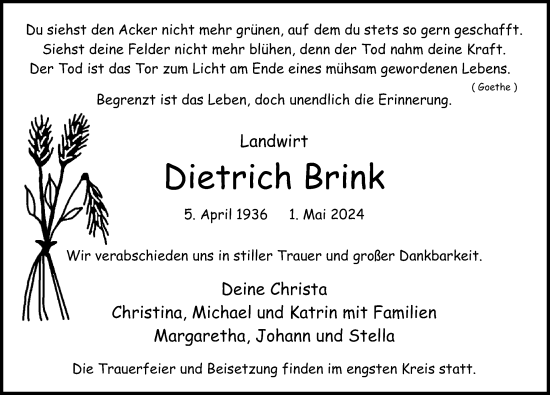 Traueranzeige von Dietrich Brink von Ostsee-Zeitung GmbH