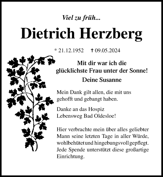 Traueranzeige von Dietrich Herzberg von Lübecker Nachrichten