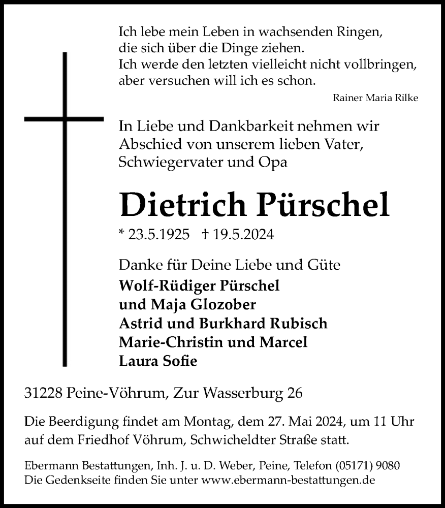  Traueranzeige für Dietrich Pürschel vom 25.05.2024 aus Peiner Allgemeine Zeitung