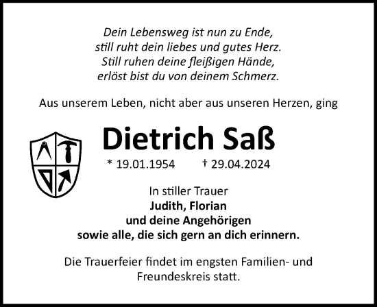 Traueranzeige von Dietrich Saß von Ostsee-Zeitung GmbH