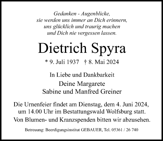 Traueranzeige von Dietrich Spyra von Aller Zeitung