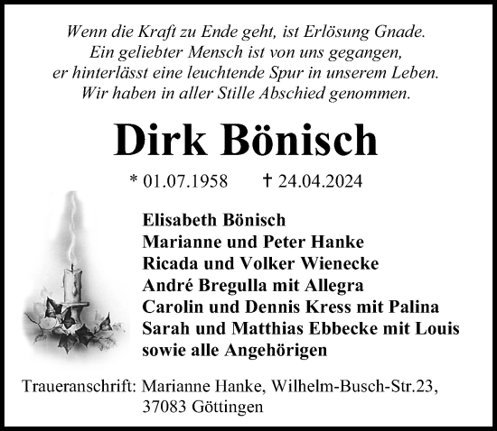 Traueranzeige von Dirk Bönisch von Göttinger Tageblatt