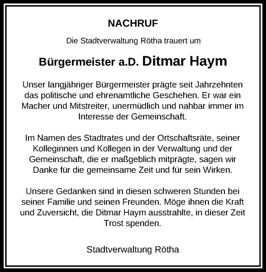 Traueranzeige von Ditmar Haym von Leipziger Volkszeitung