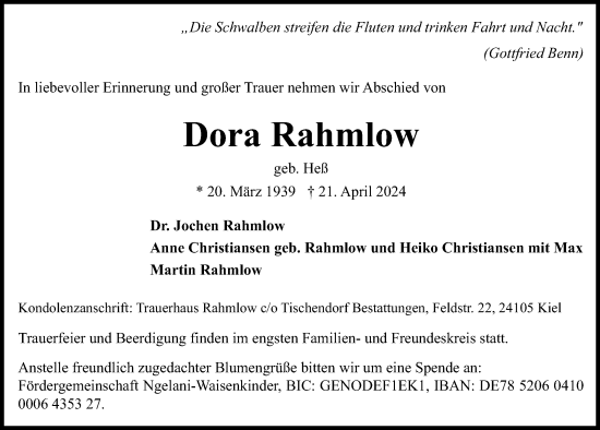 Traueranzeige von Dora Rahmlow von Kieler Nachrichten
