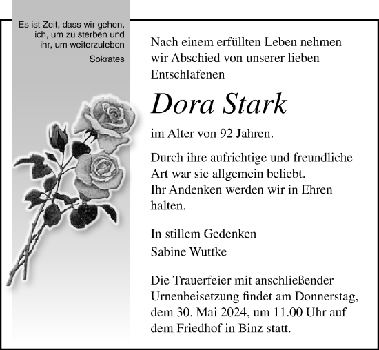 Traueranzeige von Dora Stark von Ostsee-Zeitung GmbH