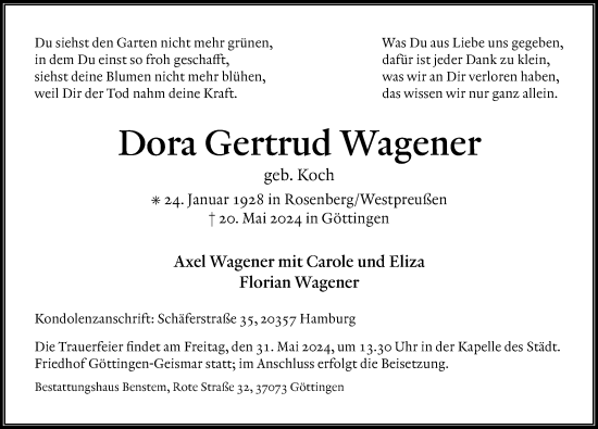 Traueranzeige von Dora Gertrud Wagener von Göttinger Tageblatt
