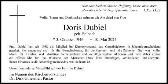 Traueranzeige von Doris Dubiel von Schaumburger Zeitung/ Landes-Zeitung