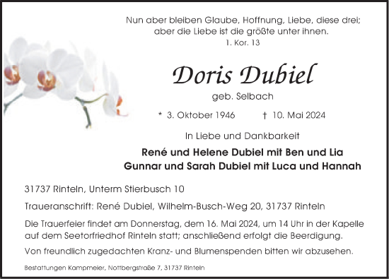 Traueranzeige von Doris Dubiel von Schaumburger Nachrichten und Schaumburger Zeitung/ Landes-Zeitung