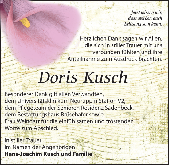 Traueranzeige von Doris Kusch