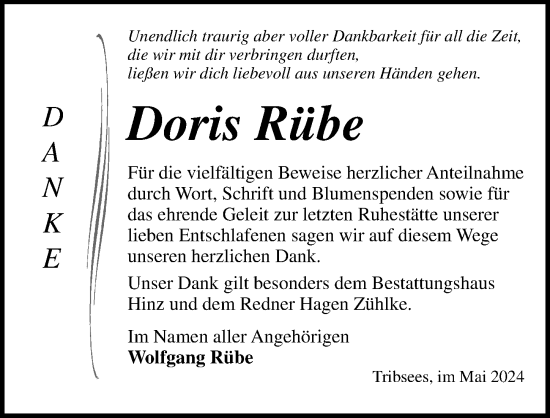 Traueranzeige von Doris Rübe von Ostsee-Zeitung GmbH
