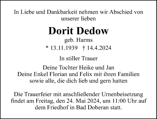 Traueranzeige von Dorit Dedow von Ostsee-Zeitung GmbH