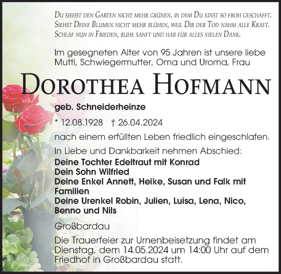 Traueranzeige von Dorothea Hofmann von Leipziger Volkszeitung