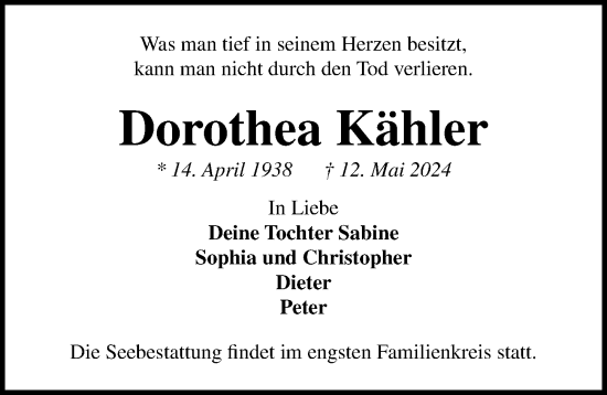 Traueranzeige von Dorothea Kähler von Lübecker Nachrichten