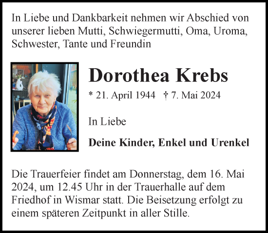 Traueranzeige von Dorothea Krebs von Ostsee-Zeitung GmbH